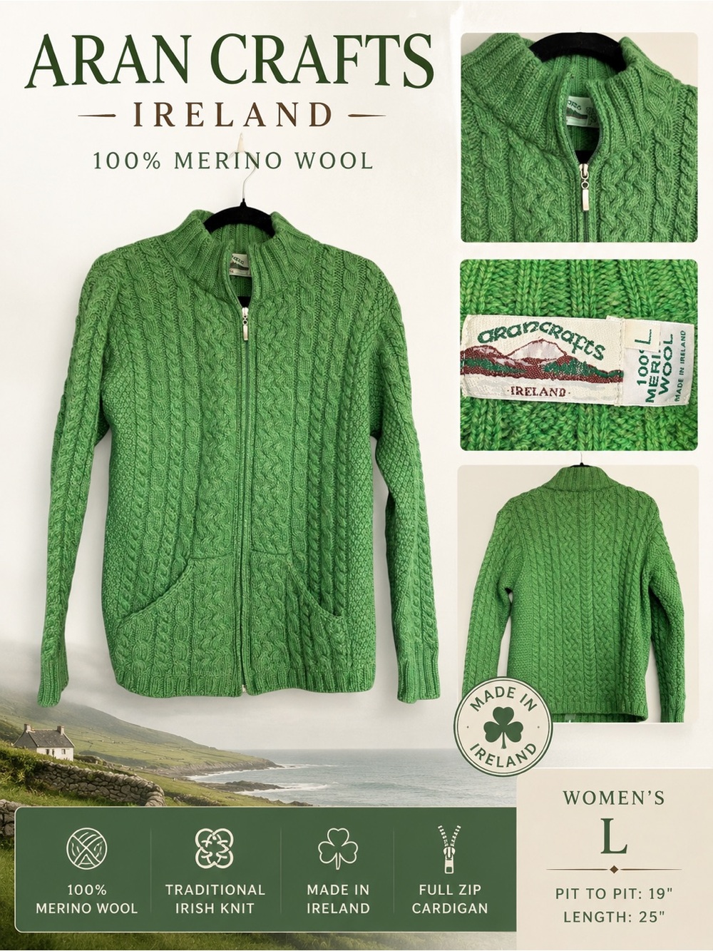 Aran Crafts Ireland 100% Merino Wool Cable Knit Zip Cardigan Sweater Green